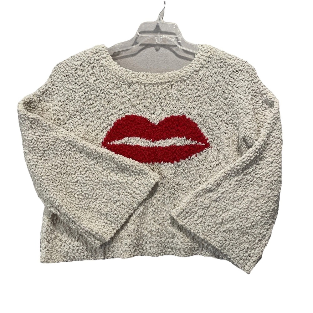 POL nubby Kissing Red Lips long sleeve sweater women IVORY Medium Oversized EUC